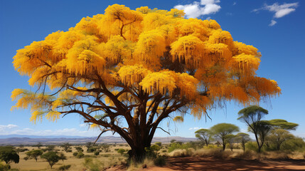 Fototapeta na wymiar A panoramic view of a picturesque Acacia dealbata tree in full bloom, with its delicate blossoms creating a vibrant canopy