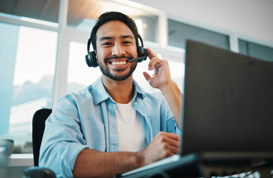 Call center, portrait and man, consultant or business agent speaking on computer for technical support and advice. Happy advisor talk on headphones, laptop and virtual help for information technology
