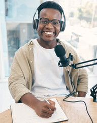 Portrait, podcast and black man with a notebook, microphone and smile with news broadcasting. Face, African person and radio presenter with tech, share information and writing with content creator - obrazy, fototapety, plakaty
