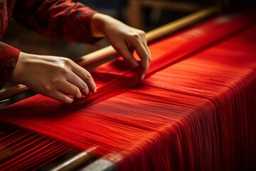 Asian woman weaving fabric on a loom. Close up of working hands - obrazy, fototapety, plakaty