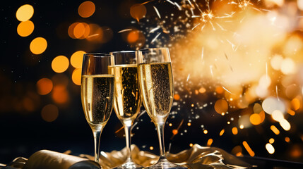 Elegant New Year's Eve celebration, champagne glasses raised in a toast against a backdrop of fireworks.