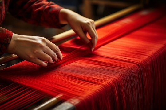 Asian woman weaving fabric on a loom. Close up of working hands