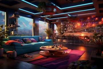 vibrant interior decor with colorful lights, glossy walls, and intricate digital artwork for stunning 8k HD space backgrounds. Generative AI - obrazy, fototapety, plakaty