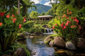 Fototapeta na wymiar Exquisite tropical floral oasis by a river amidst breathtaking mountain landscape. Generative AI