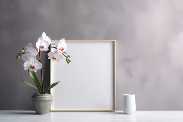 An elegant photo of an vacant square frame in a stylish, simplistic room with an orchid and crystal vase on a marble table. Generative AI