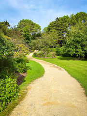 Fototapeta na wymiar Dirt path and green trees in the botanical garden in Saint-Jean-de-Luz, France