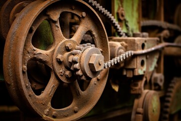 old gears and chains on vintage farming equipment. Generative AI