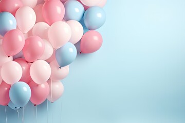 Fototapeta na wymiar Cheerful blue and pink balloons scattered on a pastel pink background, leaving plenty of space for personalized messages or branding.