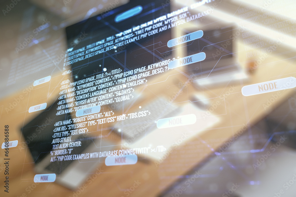 Aufkleber multi exposure of abstract software development hologram and modern desktop with laptop on backgroun