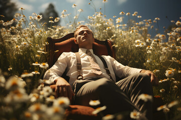 a businessman is resting in a field with daisies