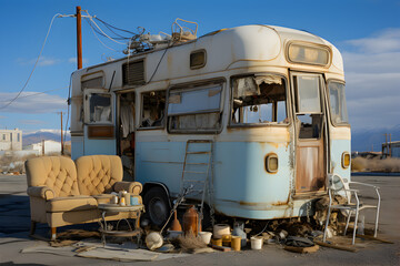 An abandoned mobile home with garbage around.