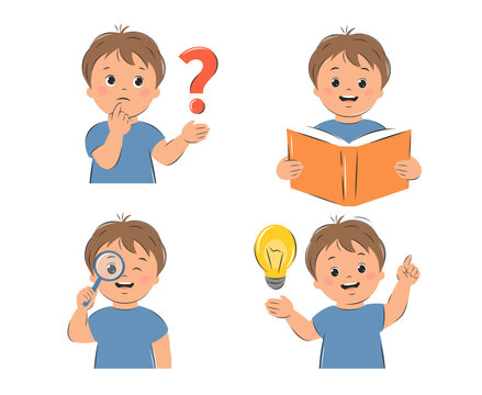 Boy kid thinks, reads a textbook, looks through a magnifying glass, finds an answer or an idea. Knowledge and education concept. Set of vector illustrations for children's design or school.
