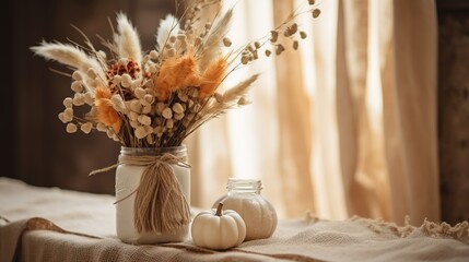 Generative AI, Autumn rustic decoration for home and celebration concept, pumpkins and plants, autumn background	
