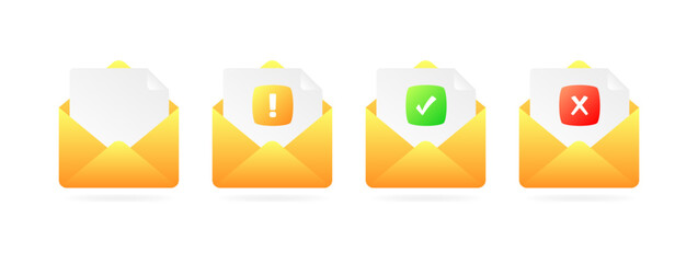 Action icons with message. Flat, yellow, document in an envelope, exclamation mark, tick, cross on the envelope. Vector icons