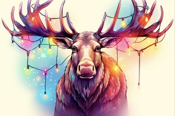 Christmas Lights Drawn: Funny Holiday Moose with Tangled Antlers. Hand-Drawn Sketch for Invitations or Cards