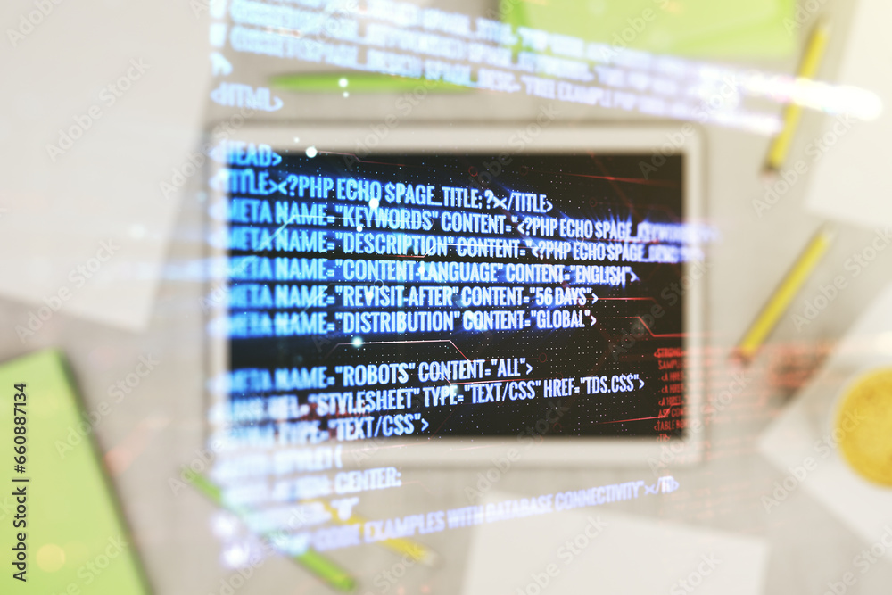 Poster multi exposure of abstract programming language hologram and modern digital tablet on background, ar