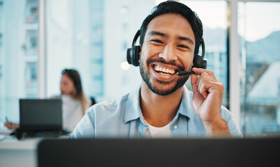 Man, happy portrait and call center, business communication, customer service and contact us in office. Face, smile and Asian consultant laugh in virtual chat, helping or online support on a computer
