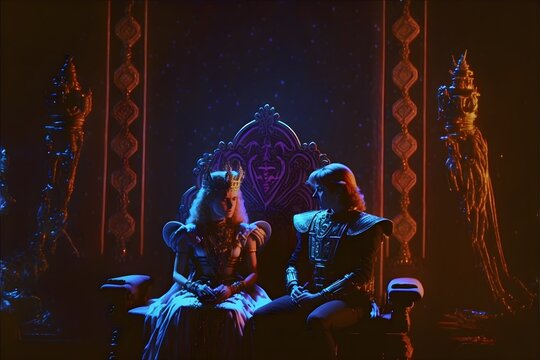 stillframe from Legend of Zelda as liveaction film king and queen throne room Darkfantasy 1987 Magic glitter sequins neon lights 