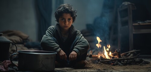 a boy sitting in shelter during war for safety with dirty outfit and blanket, children rights, Generative Ai - obrazy, fototapety, plakaty