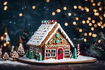 a card with a gingerbread house covered in icing.