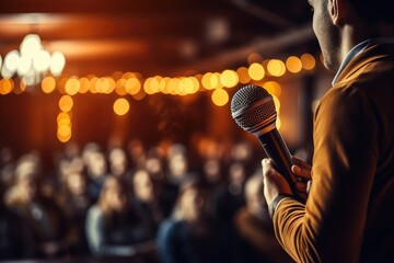 A speaker with a microphone in front of the audience. Live performance. Seminar or conference....