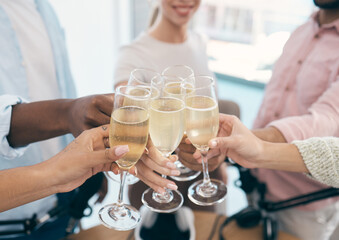 Hands, Champagne and toast with celebration and professional people in office with alcohol and success. Winning, team and employees cheers with alcoholic drink, closeup with partnership and pride