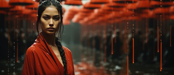 Wide shot of a geisha minimalist cinematic sequence - obrazy, fototapety, plakaty