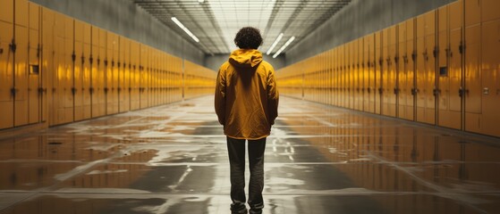close-up of a boy with his back to the camera in an endless hallway with yellow doors simulating a prison hallway