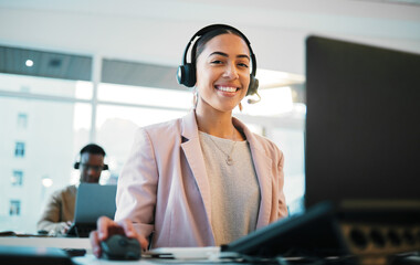 Happy woman, portrait and call center on laptop in customer service, support or telemarketing at office. Face of female person, consultant or agent smile with headphones in online advice at workplace - obrazy, fototapety, plakaty