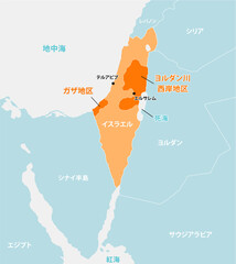 パレスチナ問題 (イスラエル・パレスチナ・ガザ地区) ベクターマップイラスト