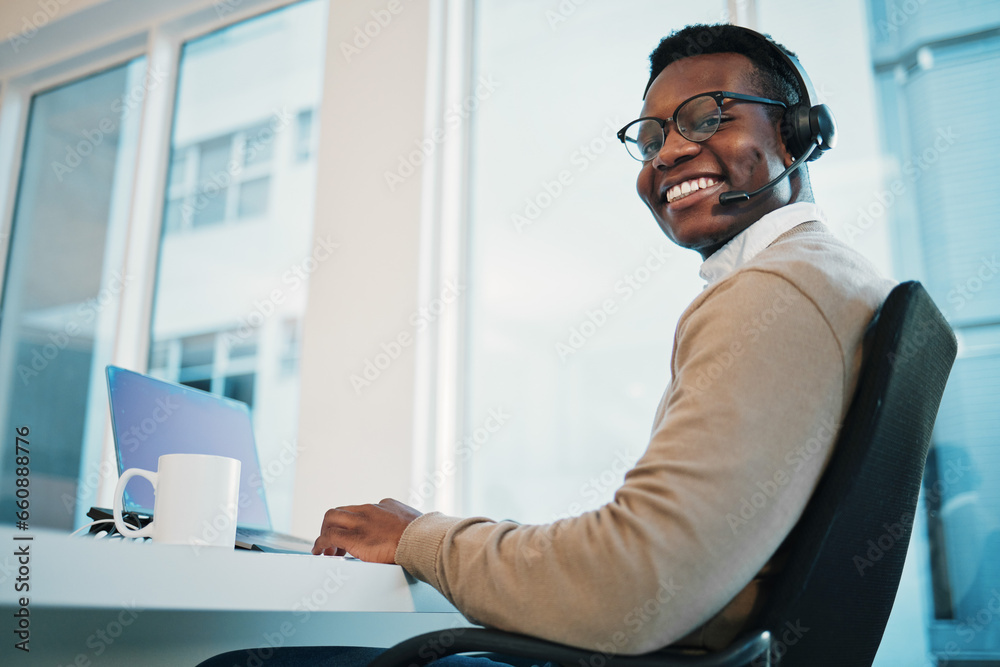 Poster call center, customer support and portrait of man at desk for consulting, networking and online help