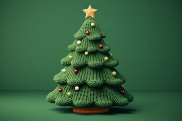 Cute knitted fabric Christmas tree on green background - obrazy, fototapety, plakaty