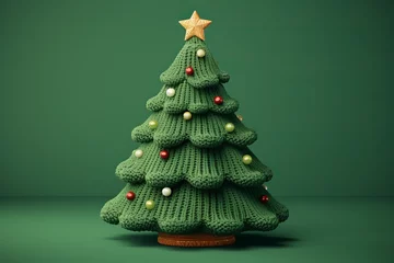 Fotobehang Cute knitted fabric Christmas tree on green background © leriostereo