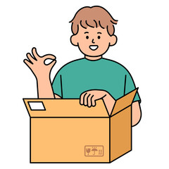 Man holding box and doing ok sign. simple vector illustration.