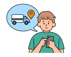 Man use smartphone check shipping location. simple vector illustration.