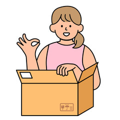 Woman holding box and doing ok sign. simple vector illustration.