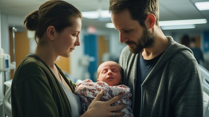 Family and care: portrait of a one - day - old newborn, moments of delicate health care recorded in the hospital, touching moments, birth, development, new life, - obrazy, fototapety, plakaty