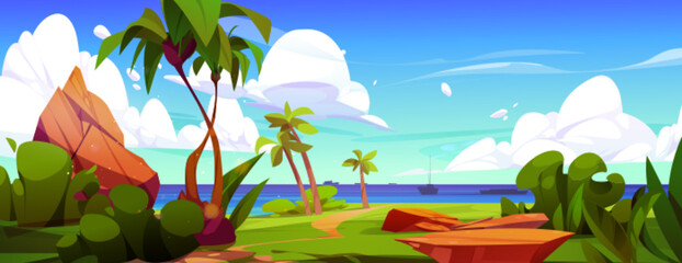 Cartoon sea landscape with rock and palm vector. Tropical ocean summer scene with lagoon and shore. Road to beautiful seaside coast for vacation. Tropic horizon paradise day panorama concept