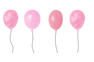 Watercolor collection of colorful party balloons of pink pastel colors. Hand painted watercolor graphic drawing, cut out clipart elements for design