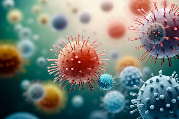 Hyper - realistic various kinds of viruses, bacteria that cause disease with a blurry background.