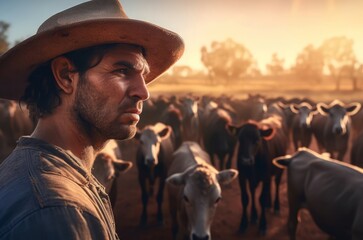 Australian man cattle. Cute face man portrait at sunset view. Generate Ai - obrazy, fototapety, plakaty