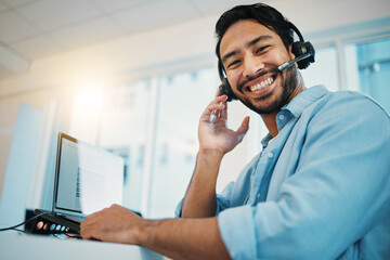 Business man, portrait and call center, consultant support, .customer service or communication for e commerce. Happy face of agent or asian advisor on computer with website solution and virtual chat