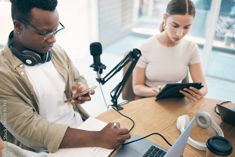 Aufkleber laptop, podcast team and people in office for live streaming, content creation and talk show. collab
