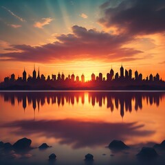 Cityscape with skyscrapers and reflection on water at sunset.