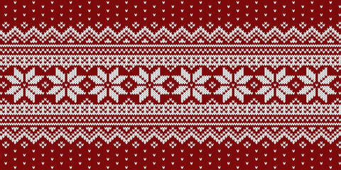 Christmas sweater knitted pattern, white ornament on red background. Vector design. 