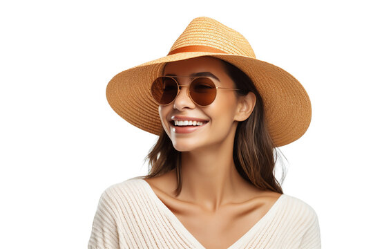 Woman wearing straw hat and summer tourist outfit on transparent background PNG. Summer travel concept.