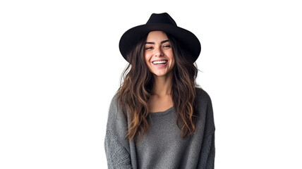 A woman in winter fashion is smiling happily on a transparent background PNG. A woman wearing a wool hat in winter is smiling happily. - obrazy, fototapety, plakaty