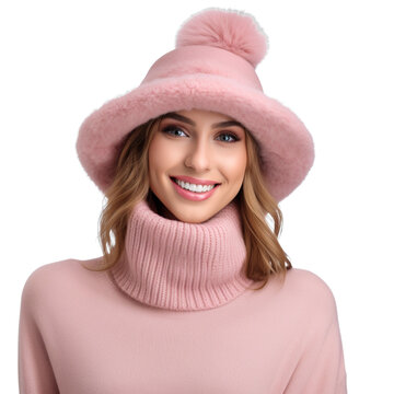 A woman in winter fashion is smiling happily on a transparent background PNG. A woman wearing a wool hat in winter is smiling happily.
