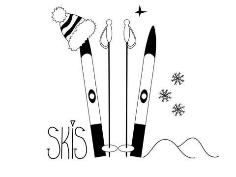 black and white skis with winter hat clip art preview