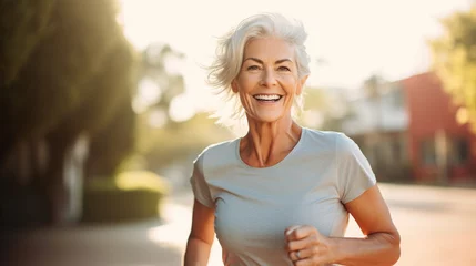 Fotobehang Keeping in shape at 60. Smiling middle-aged woman during a jog in the city © Katrin_Primak